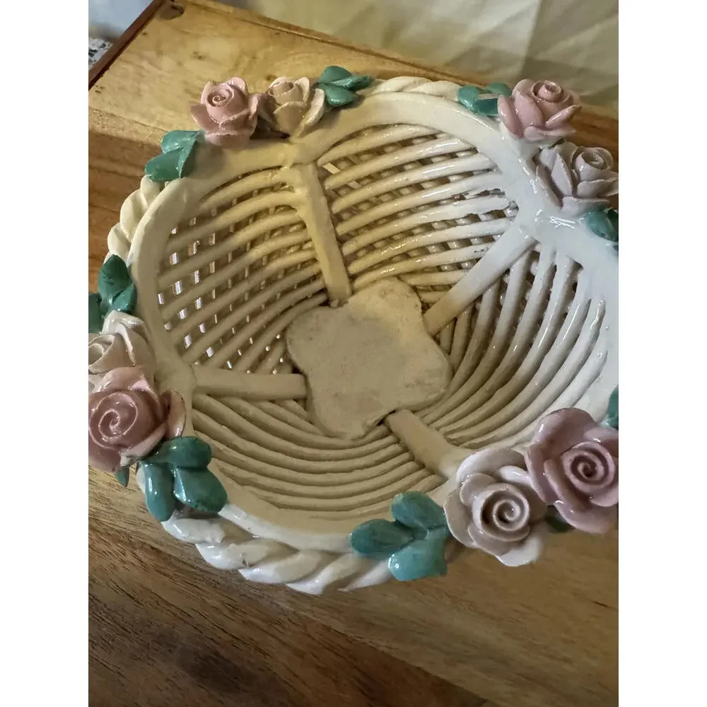 Vintage Italian Reticulated Porcelain Basket Italy Lattice Trinket‎ Dish
